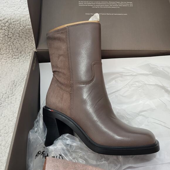 NIB Franco Sarto Penelope Mid Calf Chunky Heel Bootie Shadow Grey Leather 5 M - Picture 1 of 9